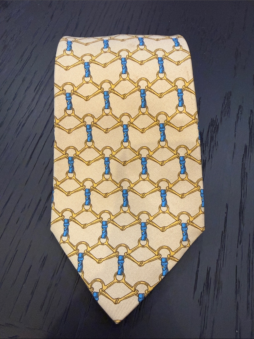 Hermes Classic Beige Silk Tie With Blue & Gold Bit Pattern